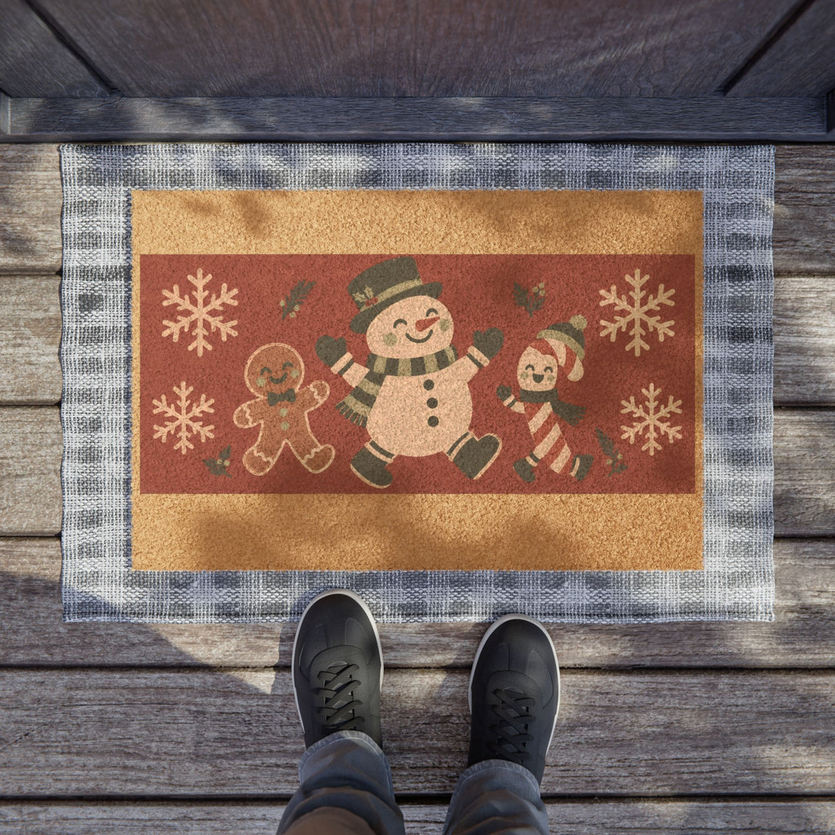 Christmas Doormat, Snowman & Gingerbread Holiday Welcome Mat, Festive Outdoor Front Door Decor, Christmas Porch Decoration
