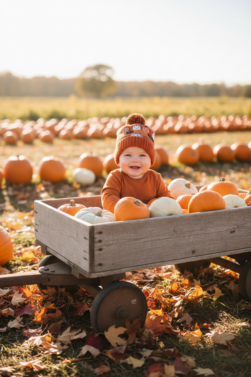 Baby wearing pumpkin beanie at autumn pumpkin patch