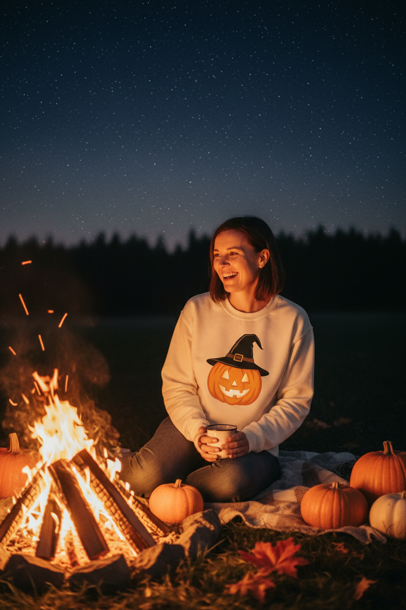 Woman by bonfire wearing Halloween witch hat crewneck sweatshirt