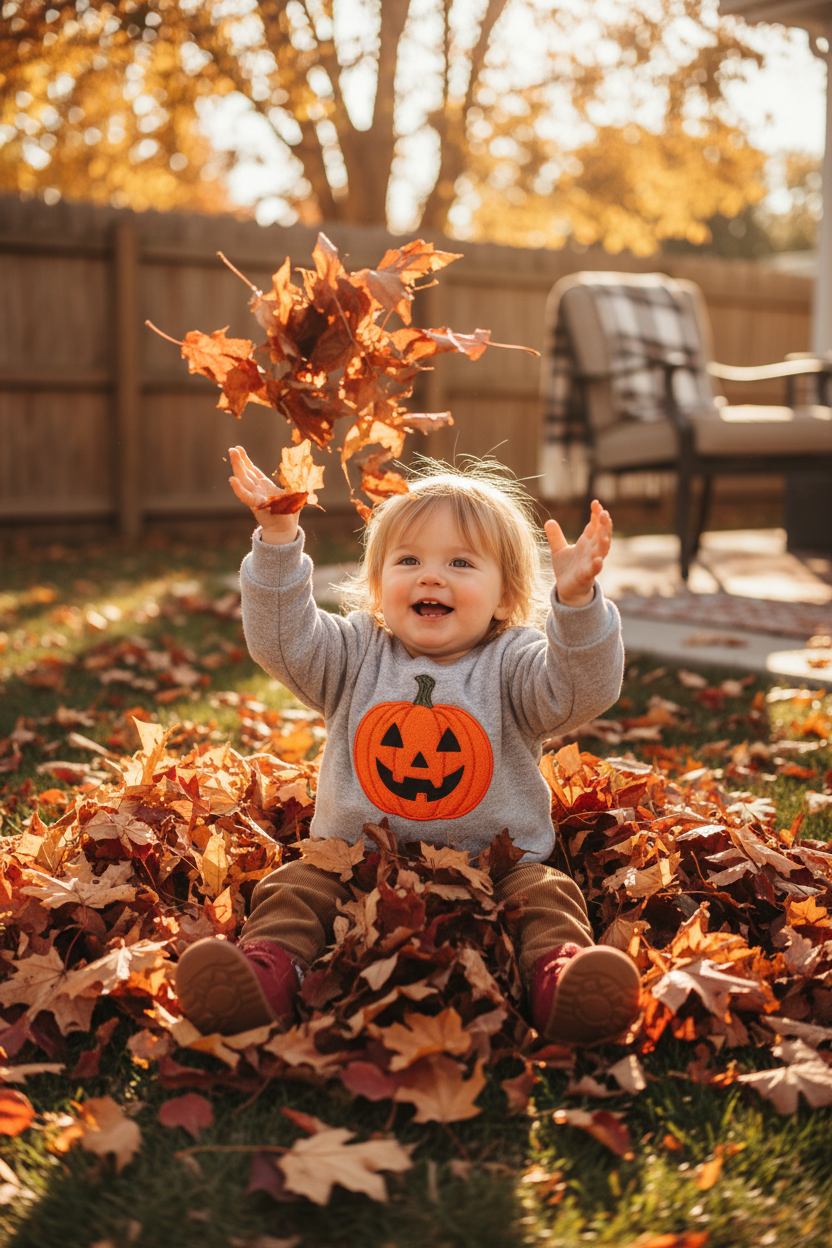 Toddler playing in autumn leaves wearing pumpkin sweatshirt