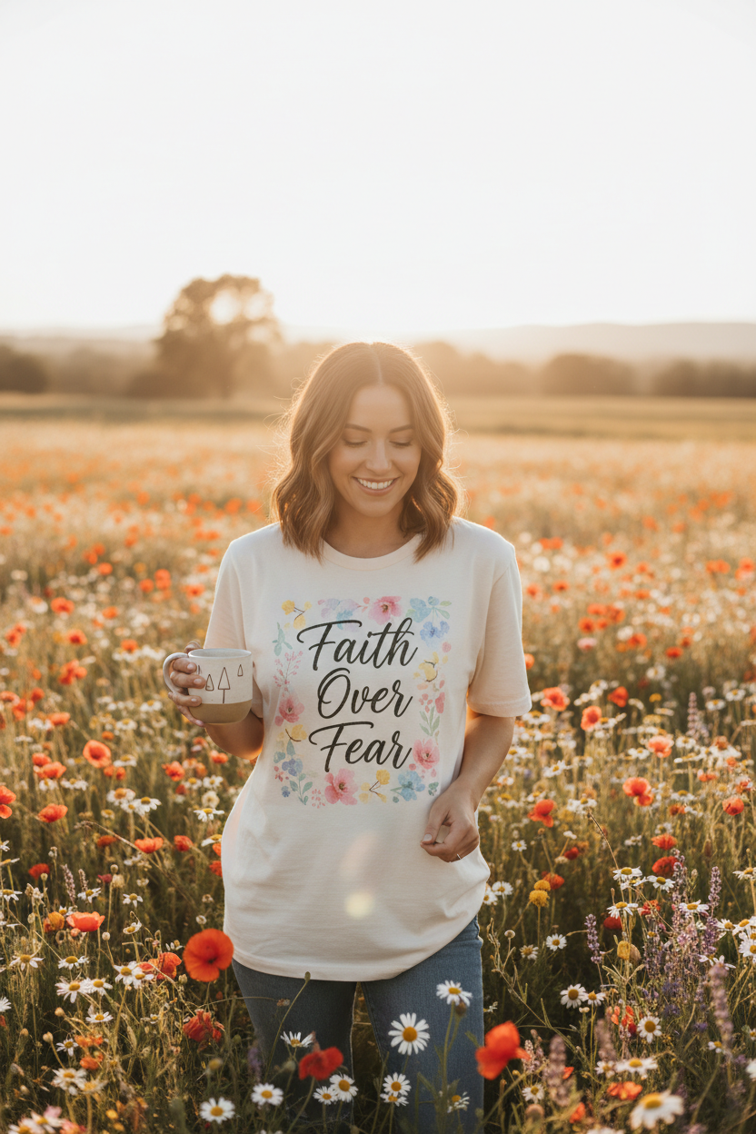 Woman in sunlit wildflower field wearing Faith Over Fear tee